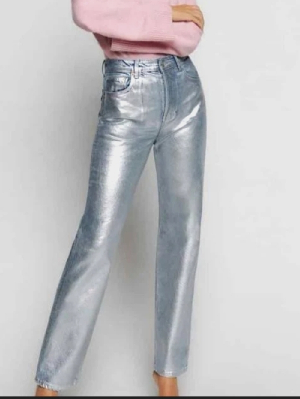 Reformation Silver Metallic Straight-Leg Jeans